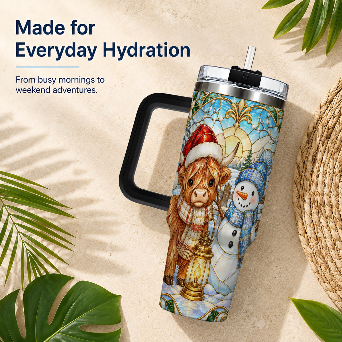 #pl[40oz|Black] Highland Cow 40oz Tumbler with Handle, Winter Stainless Steel Travel Cup