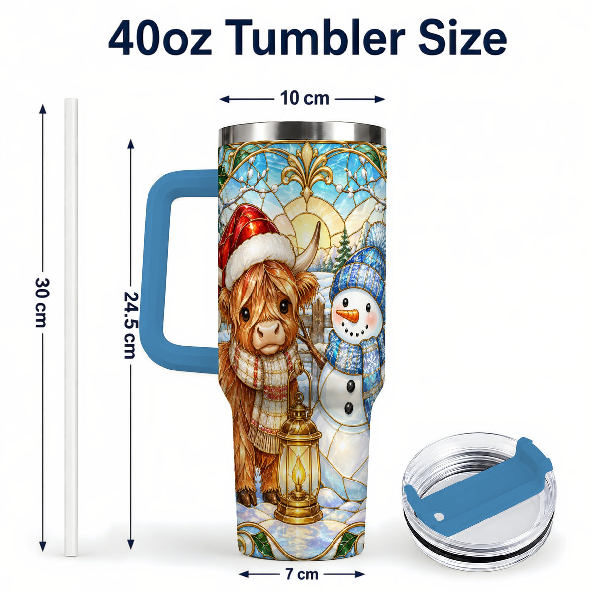 #pl[40oz|Blue] Highland Cow 40oz Tumbler with Handle, Winter Stainless Steel Travel Cup