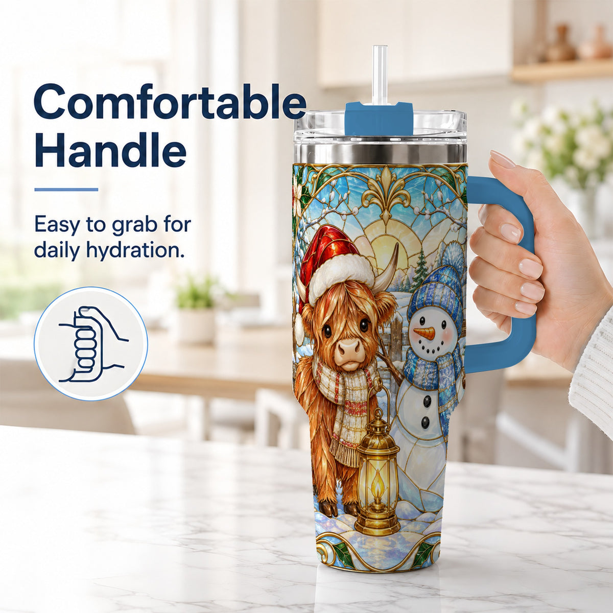 #pl[40oz|Blue] Highland Cow 40oz Tumbler with Handle, Winter Stainless Steel Travel Cup