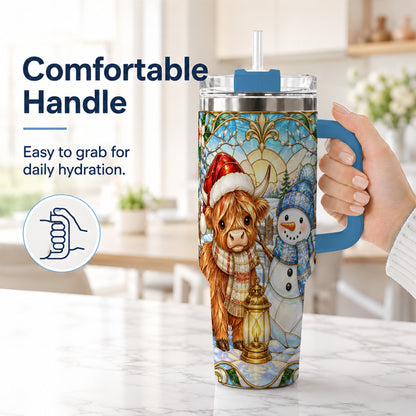 #pl[40oz|Blue] Highland Cow 40oz Tumbler with Handle, Winter Stainless Steel Travel Cup