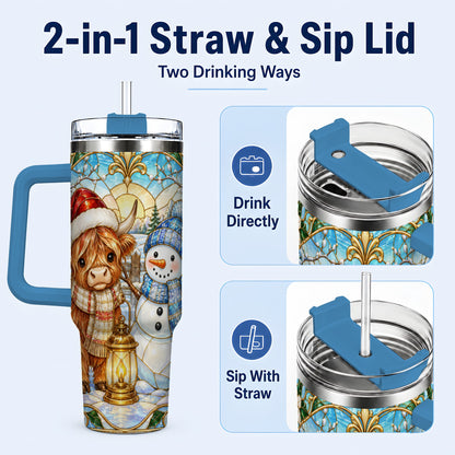 #pl[40oz|Blue] Highland Cow 40oz Tumbler with Handle, Winter Stainless Steel Travel Cup