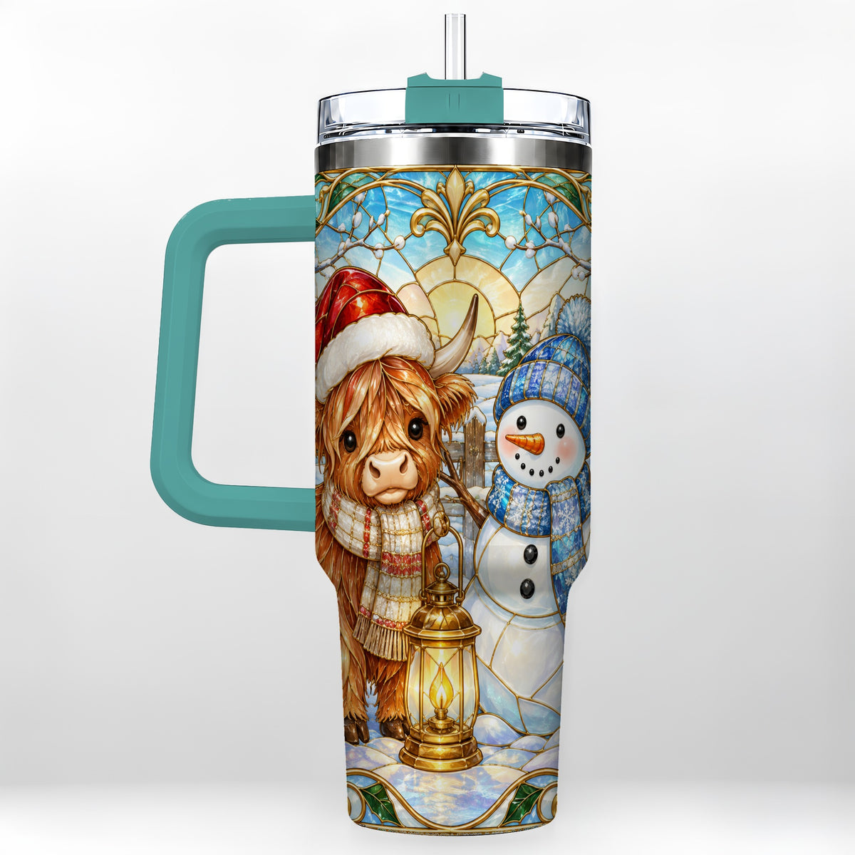 #pl[40oz|Green] Highland Cow 40oz Tumbler with Handle, Winter Stainless Steel Travel Cup