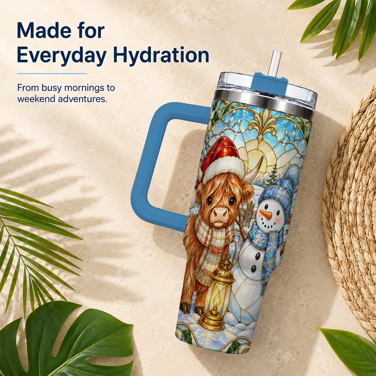 #pl[40oz|Blue] Highland Cow 40oz Tumbler with Handle, Winter Stainless Steel Travel Cup