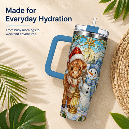 #pl[40oz|Blue] Highland Cow 40oz Tumbler with Handle, Winter Stainless Steel Travel Cup
