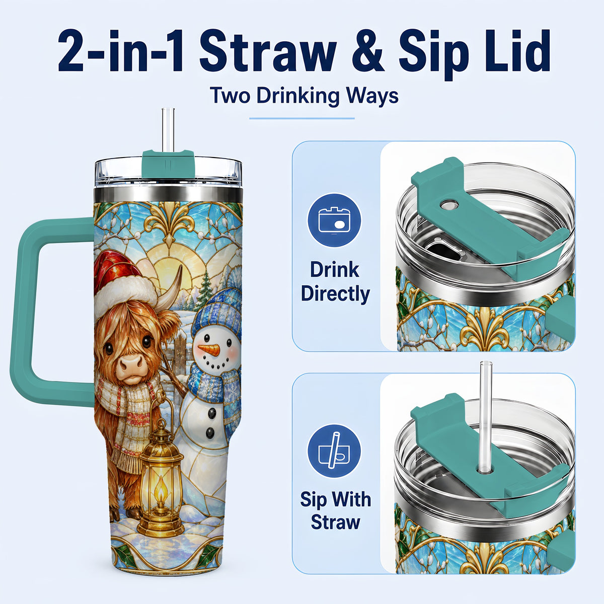 #pl[40oz|Green] Highland Cow 40oz Tumbler with Handle, Winter Stainless Steel Travel Cup