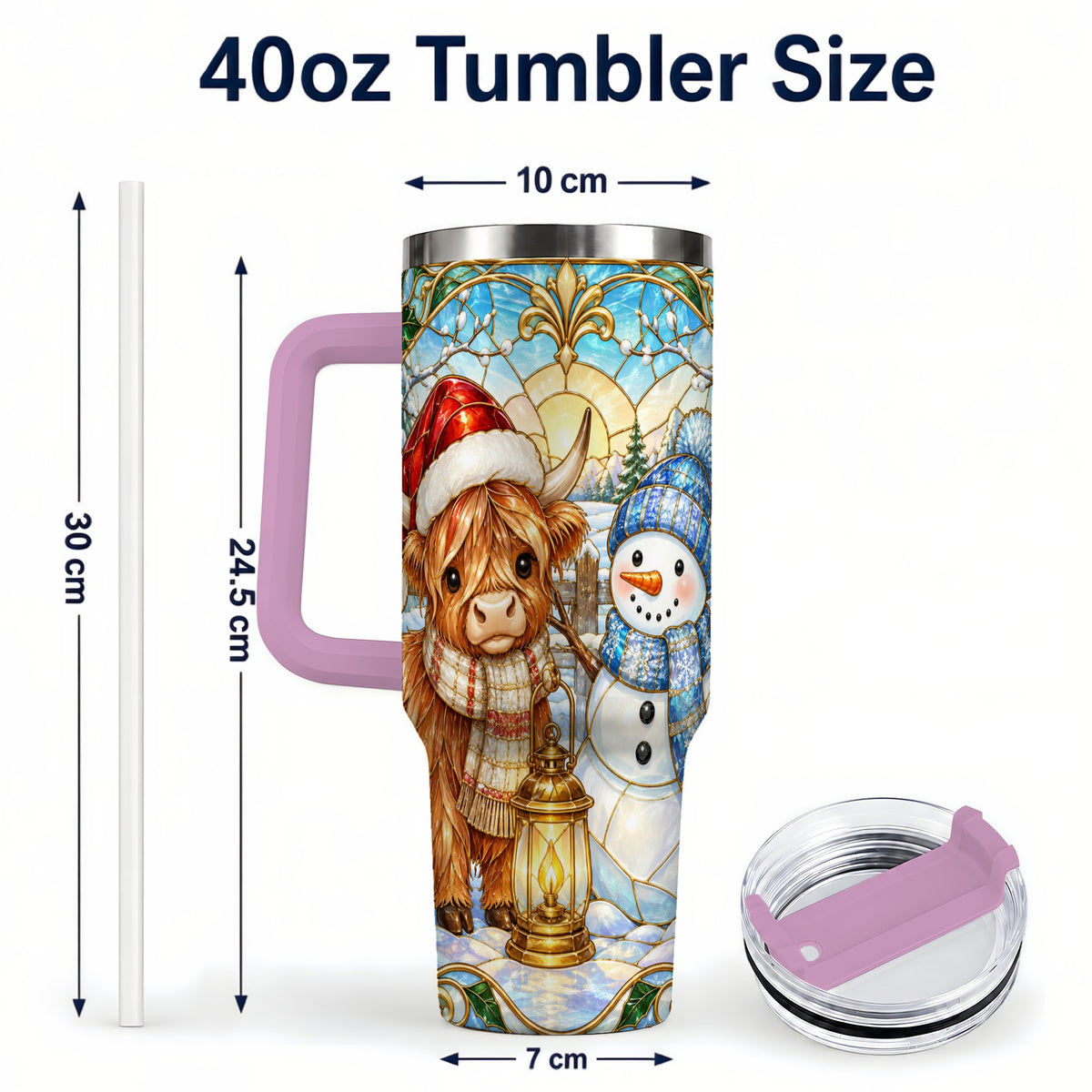 #pl[40oz|Pink] Highland Cow 40oz Tumbler with Handle, Winter Stainless Steel Travel Cup