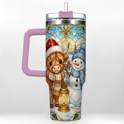 #pl[40oz|Pink] Highland Cow 40oz Tumbler with Handle, Winter Stainless Steel Travel Cup