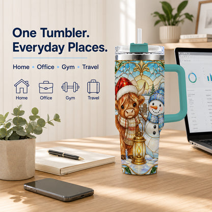 #pl[40oz|Green] Highland Cow 40oz Tumbler with Handle, Winter Stainless Steel Travel Cup