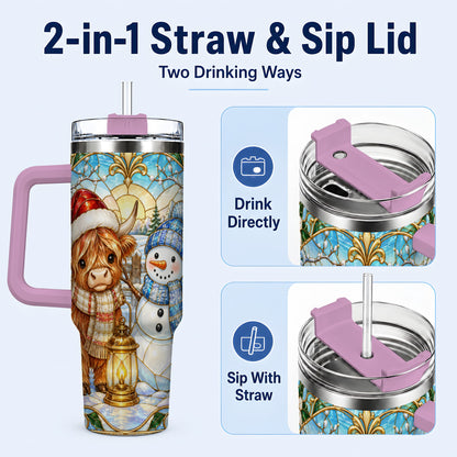 #pl[40oz|Pink] Highland Cow 40oz Tumbler with Handle, Winter Stainless Steel Travel Cup