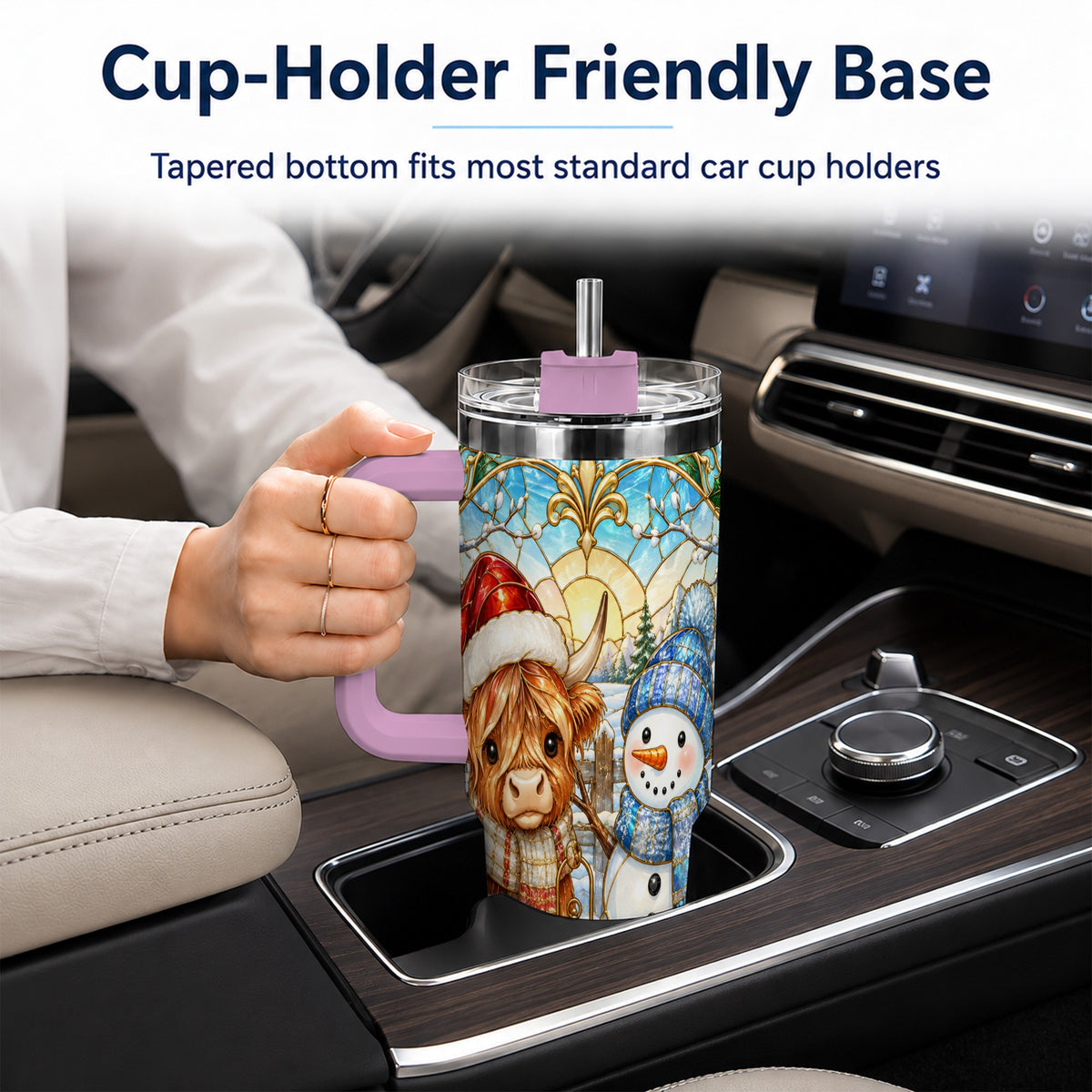 #pl[40oz|Pink] Highland Cow 40oz Tumbler with Handle, Winter Stainless Steel Travel Cup