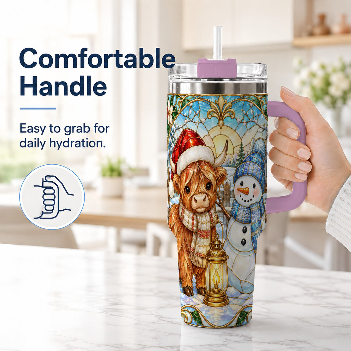 #pl[40oz|Pink] Highland Cow 40oz Tumbler with Handle, Winter Stainless Steel Travel Cup