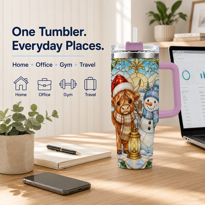 #pl[40oz|Pink] Highland Cow 40oz Tumbler with Handle, Winter Stainless Steel Travel Cup