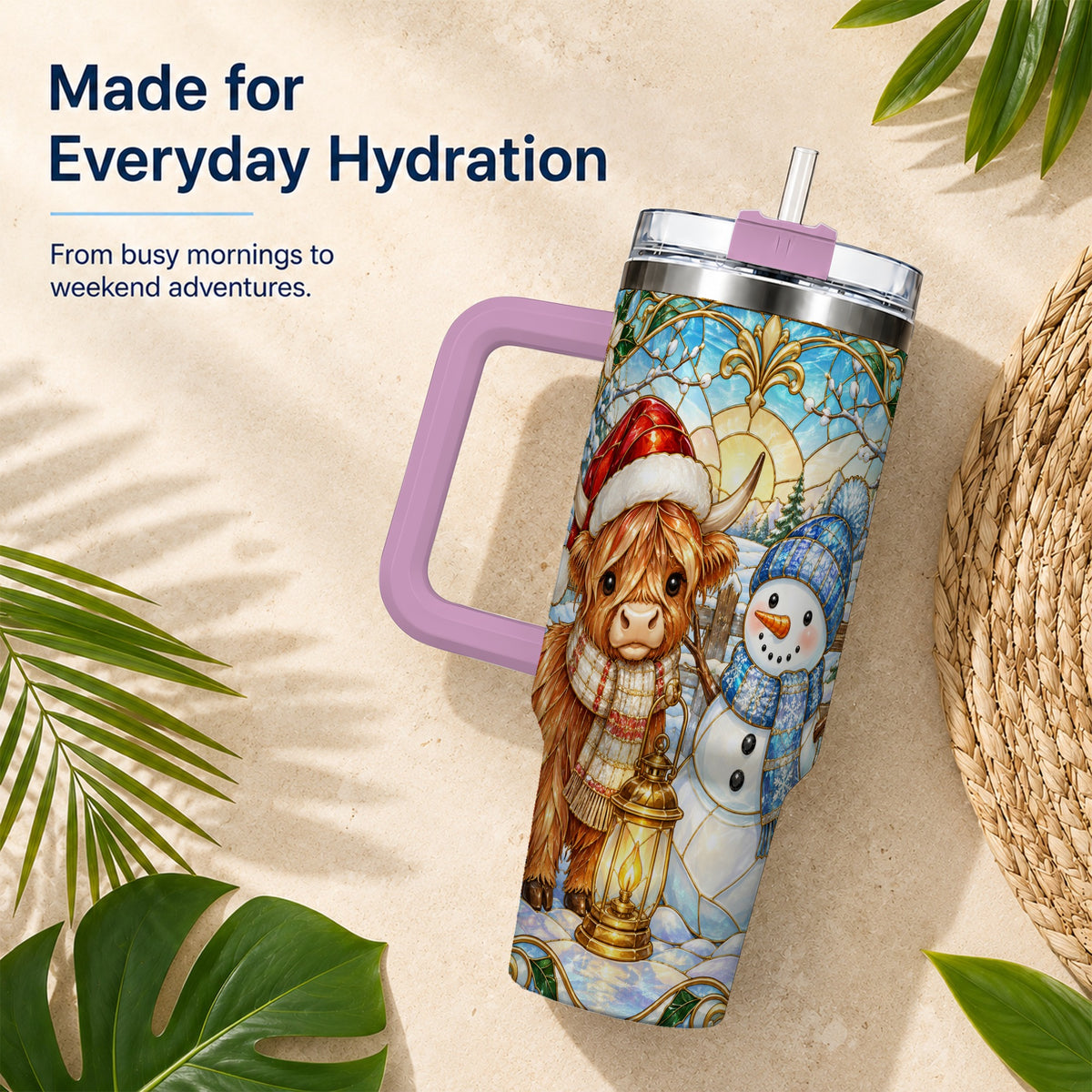 #pl[40oz|Pink] Highland Cow 40oz Tumbler with Handle, Winter Stainless Steel Travel Cup