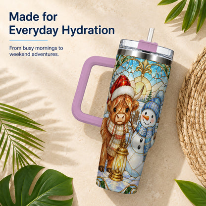 #pl[40oz|Pink] Highland Cow 40oz Tumbler with Handle, Winter Stainless Steel Travel Cup