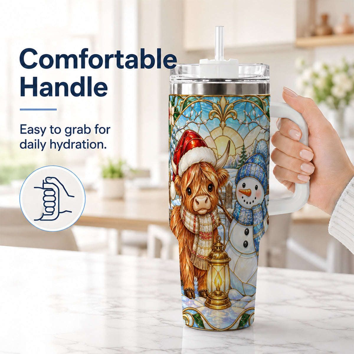 #pl[40oz|White] Highland Cow 40oz Tumbler with Handle, Winter Stainless Steel Travel Cup