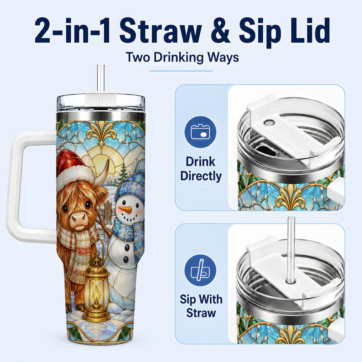 #pl[40oz|White] Highland Cow 40oz Tumbler with Handle, Winter Stainless Steel Travel Cup