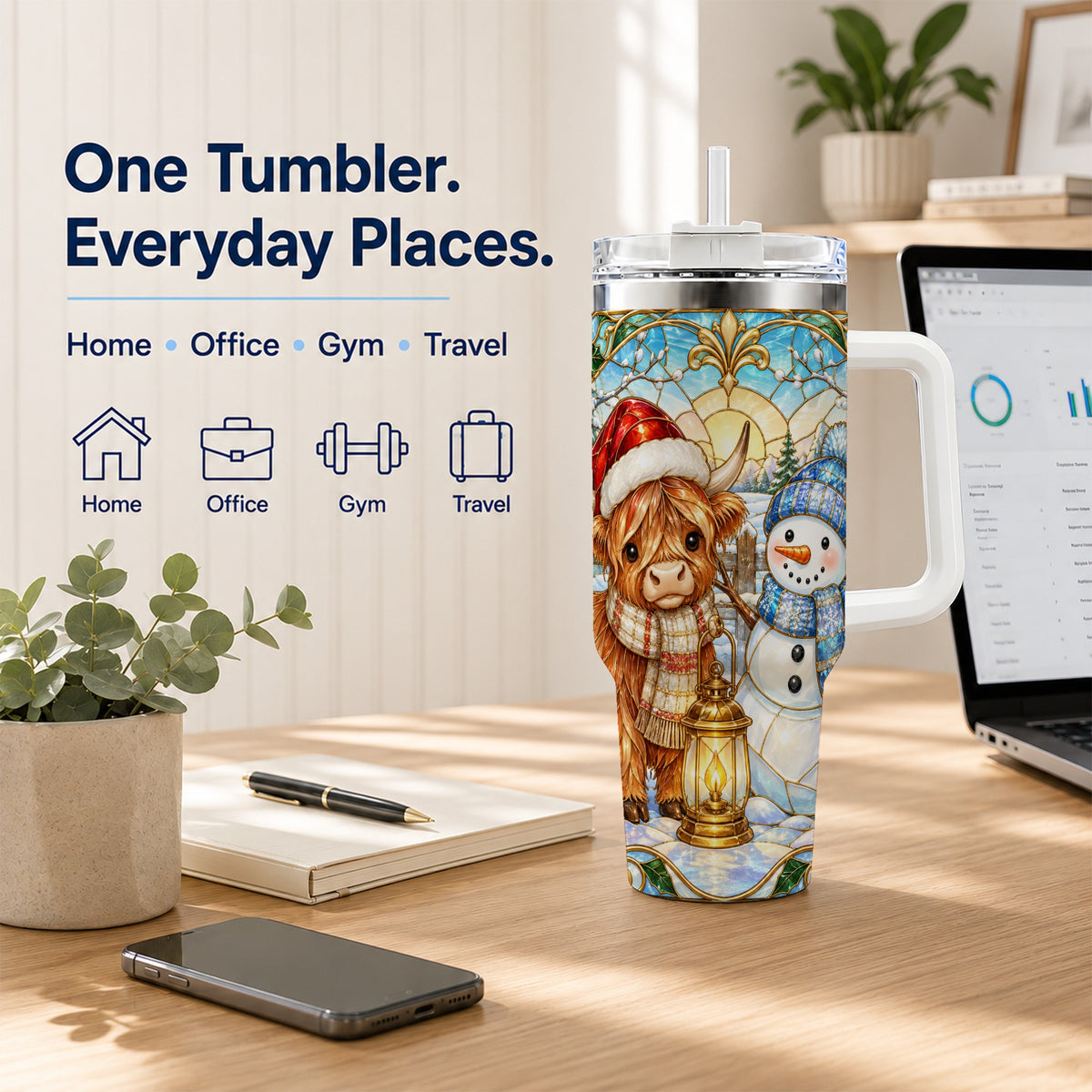 #pl[40oz|White] Highland Cow 40oz Tumbler with Handle, Winter Stainless Steel Travel Cup