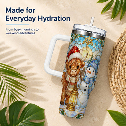 #pl[40oz|White] Highland Cow 40oz Tumbler with Handle, Winter Stainless Steel Travel Cup