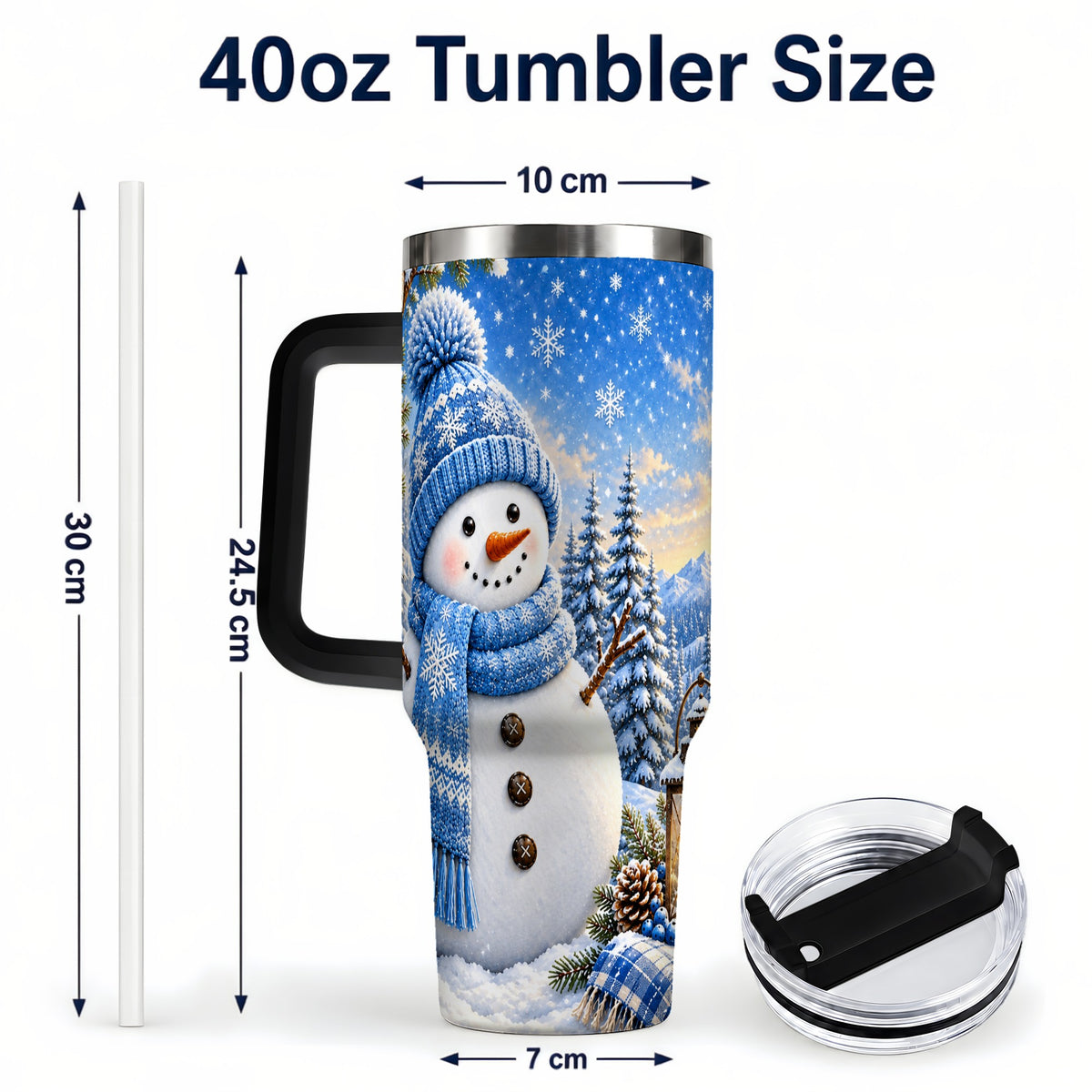 #pl[40oz|Black] Blue Snowman 40oz Tumbler with Handle, Winter Stainless Steel Travel Cup