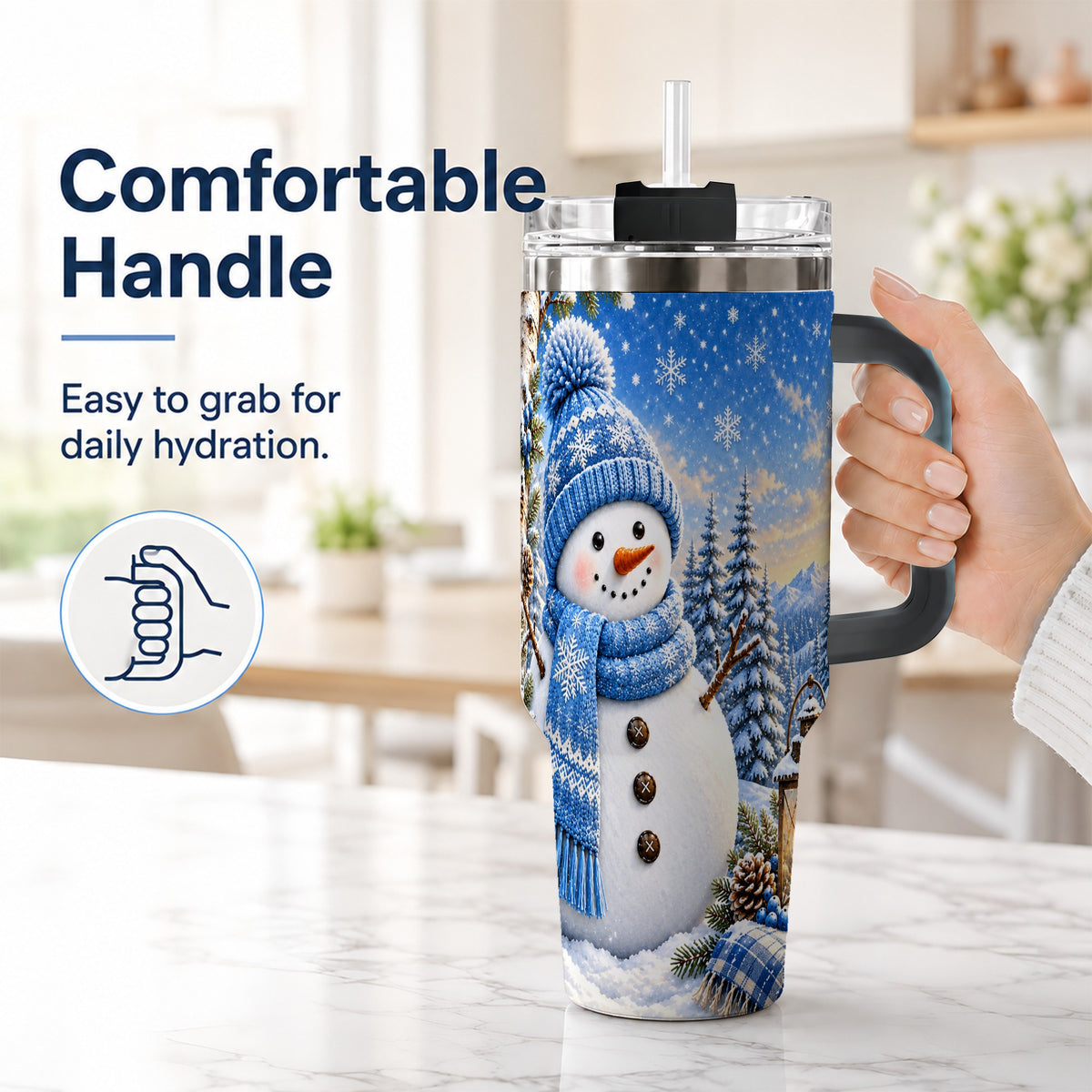 #pl[40oz|Black] Blue Snowman 40oz Tumbler with Handle, Winter Stainless Steel Travel Cup