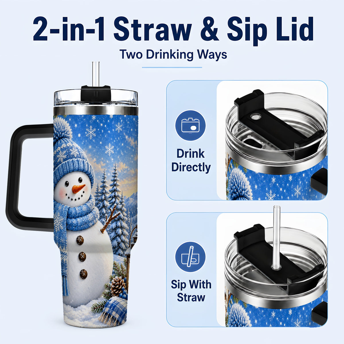 #pl[40oz|Black] Blue Snowman 40oz Tumbler with Handle, Winter Stainless Steel Travel Cup