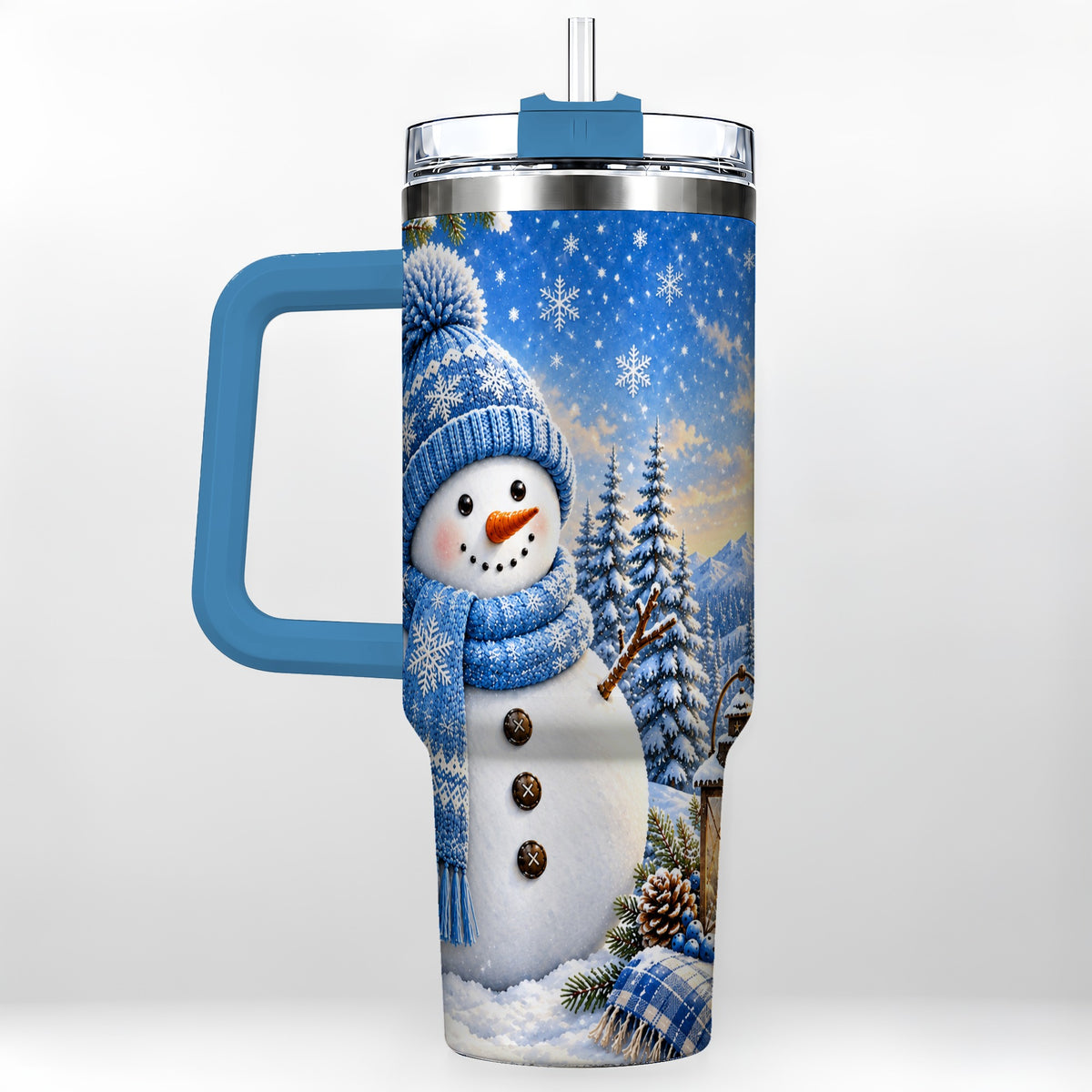 #pl[40oz|Blue] Blue Snowman 40oz Tumbler with Handle, Winter Stainless Steel Travel Cup