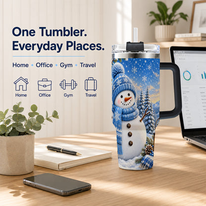 #pl[40oz|Black] Blue Snowman 40oz Tumbler with Handle, Winter Stainless Steel Travel Cup