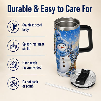 #pl[40oz|Black] Blue Snowman 40oz Tumbler with Handle, Winter Stainless Steel Travel Cup