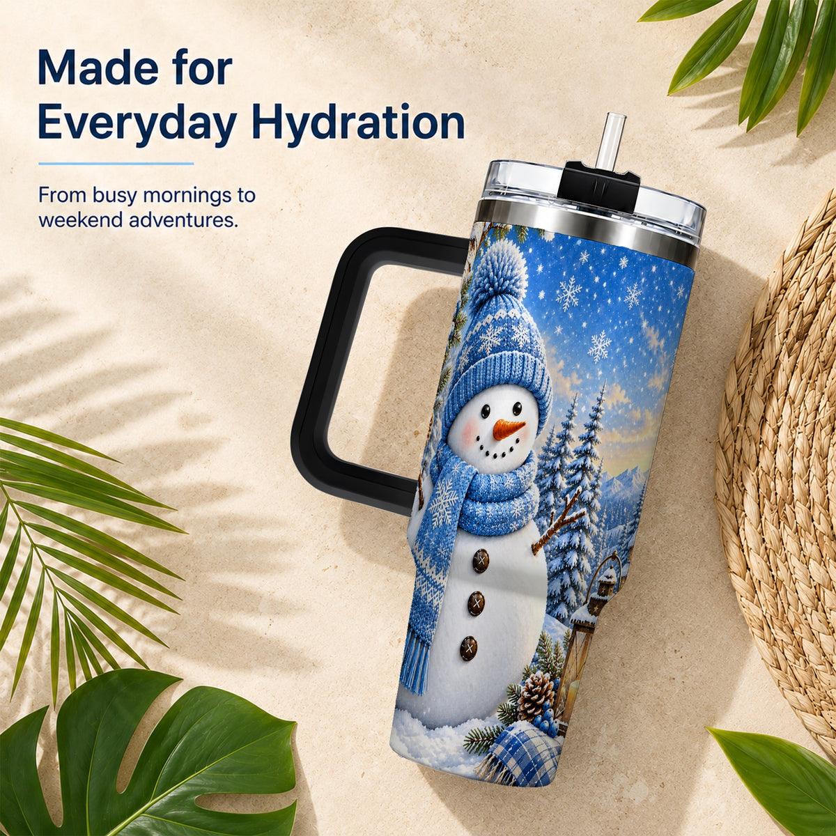 #pl[40oz|Black] Blue Snowman 40oz Tumbler with Handle, Winter Stainless Steel Travel Cup