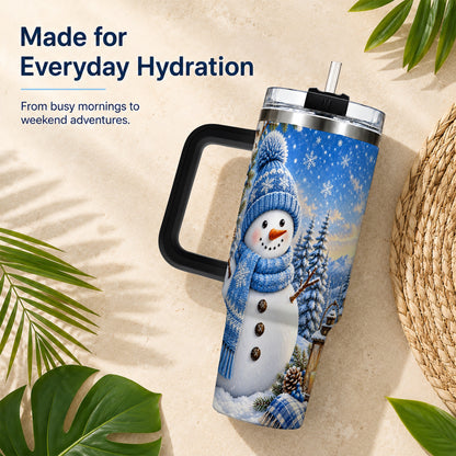 #pl[40oz|Black] Blue Snowman 40oz Tumbler with Handle, Winter Stainless Steel Travel Cup