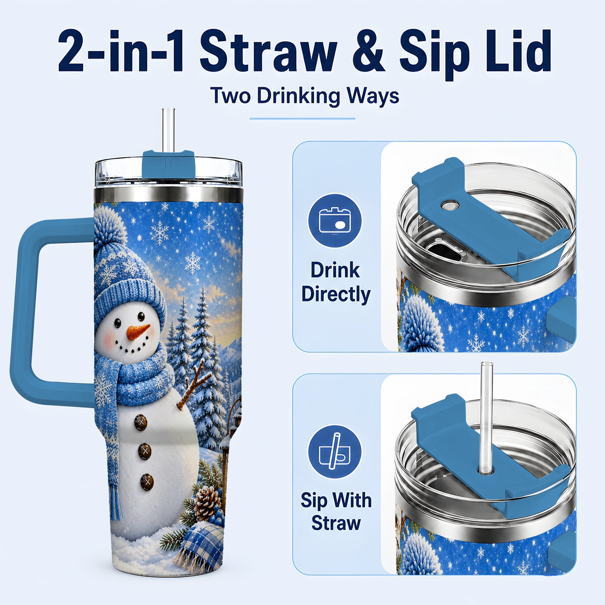 #pl[40oz|Blue] Blue Snowman 40oz Tumbler with Handle, Winter Stainless Steel Travel Cup