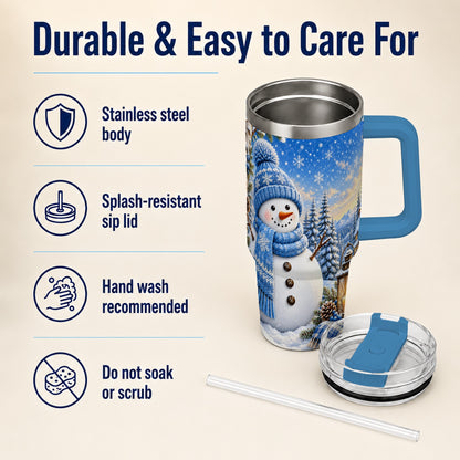 #pl[40oz|Blue] Blue Snowman 40oz Tumbler with Handle, Winter Stainless Steel Travel Cup