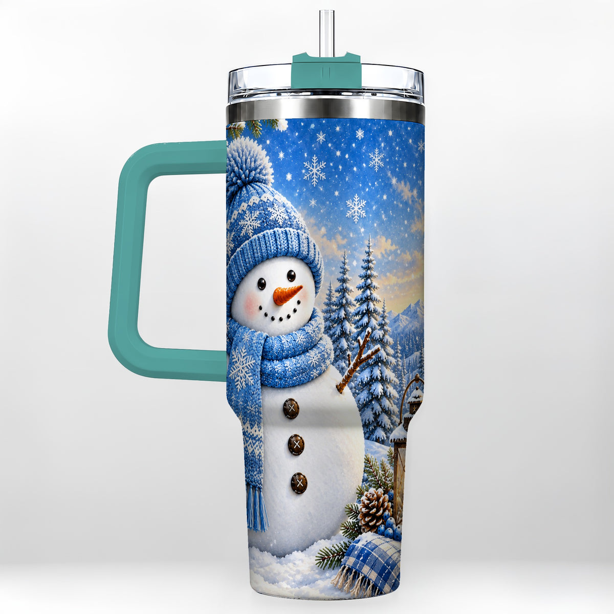 #pl[40oz|Green] Blue Snowman 40oz Tumbler with Handle, Winter Stainless Steel Travel Cup