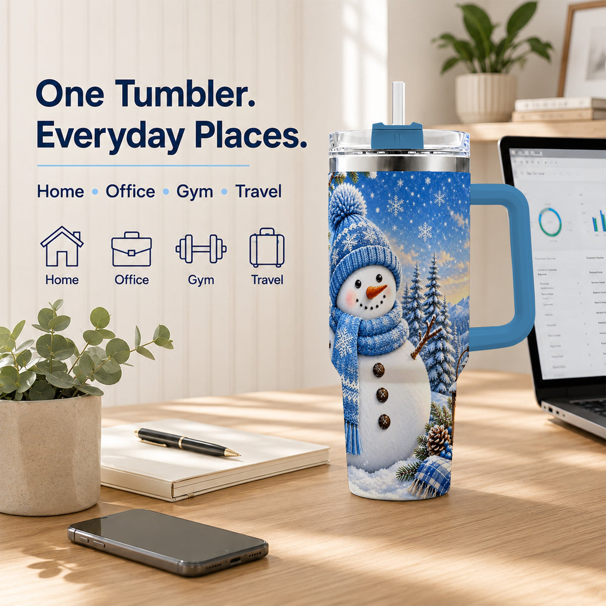 #pl[40oz|Blue] Blue Snowman 40oz Tumbler with Handle, Winter Stainless Steel Travel Cup