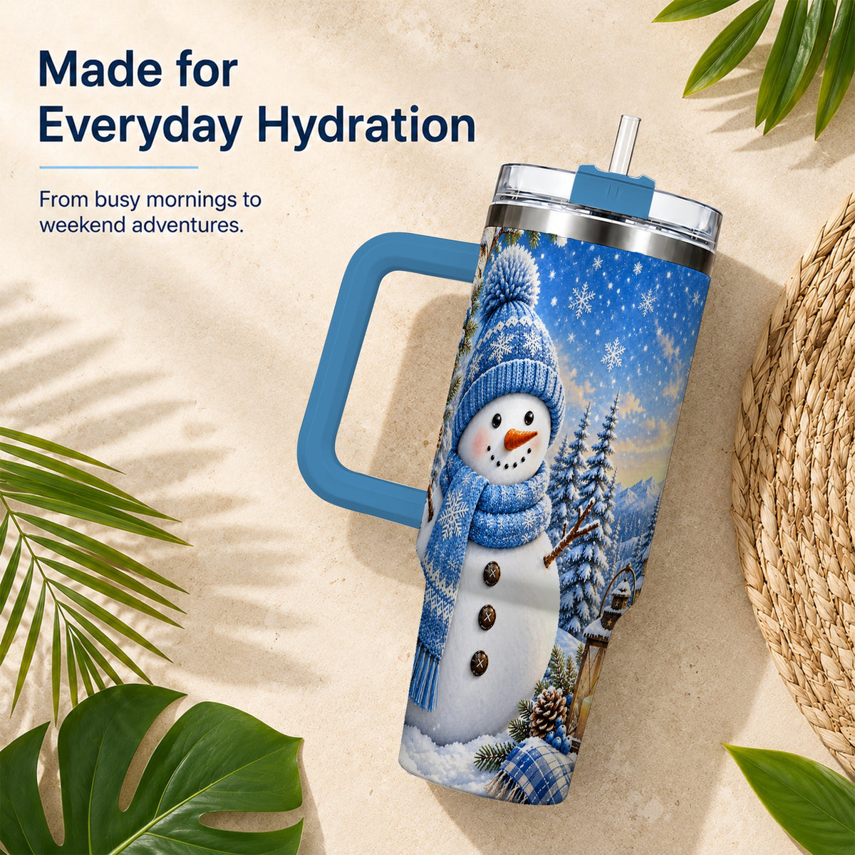 #pl[40oz|Blue] Blue Snowman 40oz Tumbler with Handle, Winter Stainless Steel Travel Cup