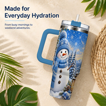 #pl[40oz|Blue] Blue Snowman 40oz Tumbler with Handle, Winter Stainless Steel Travel Cup