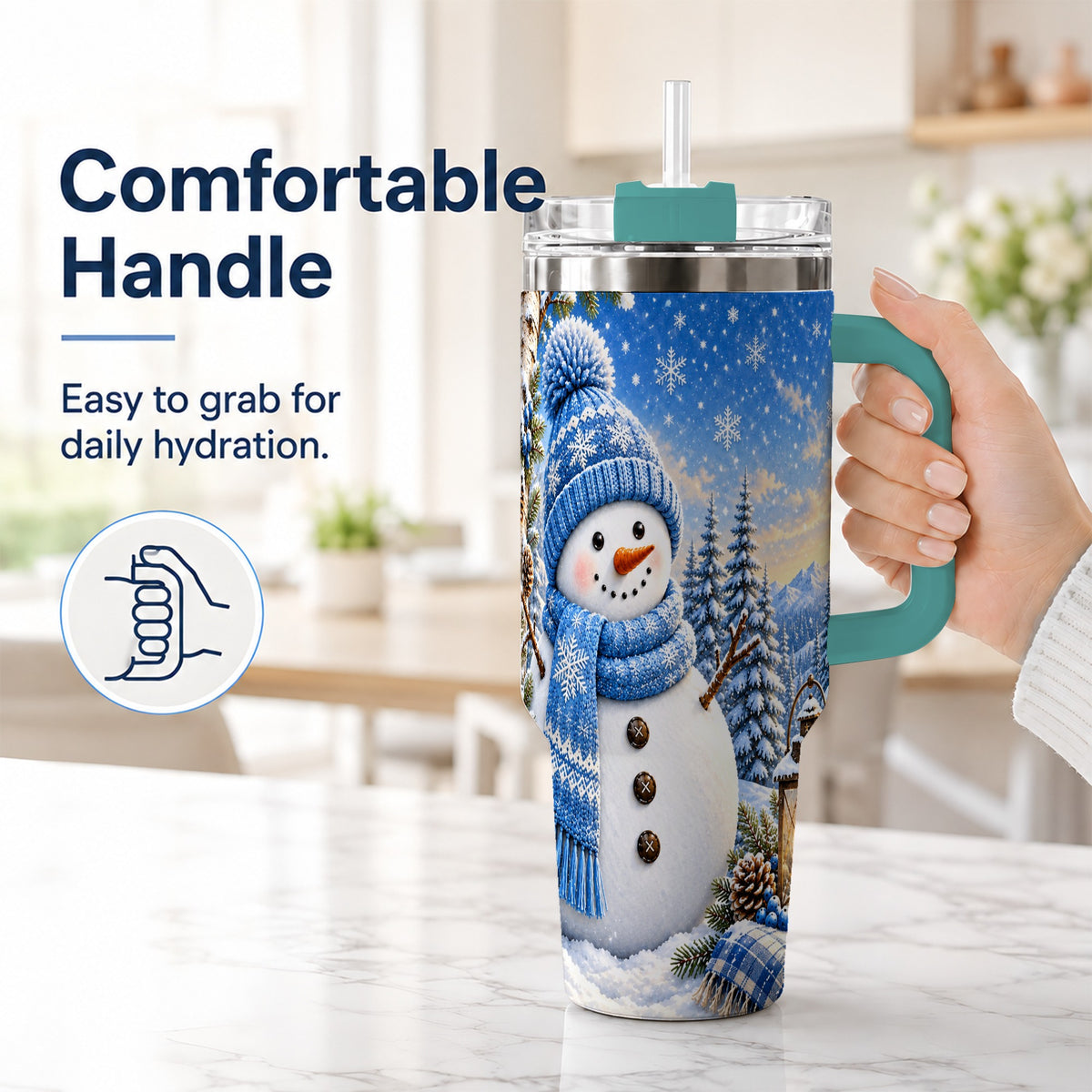 #pl[40oz|Green] Blue Snowman 40oz Tumbler with Handle, Winter Stainless Steel Travel Cup