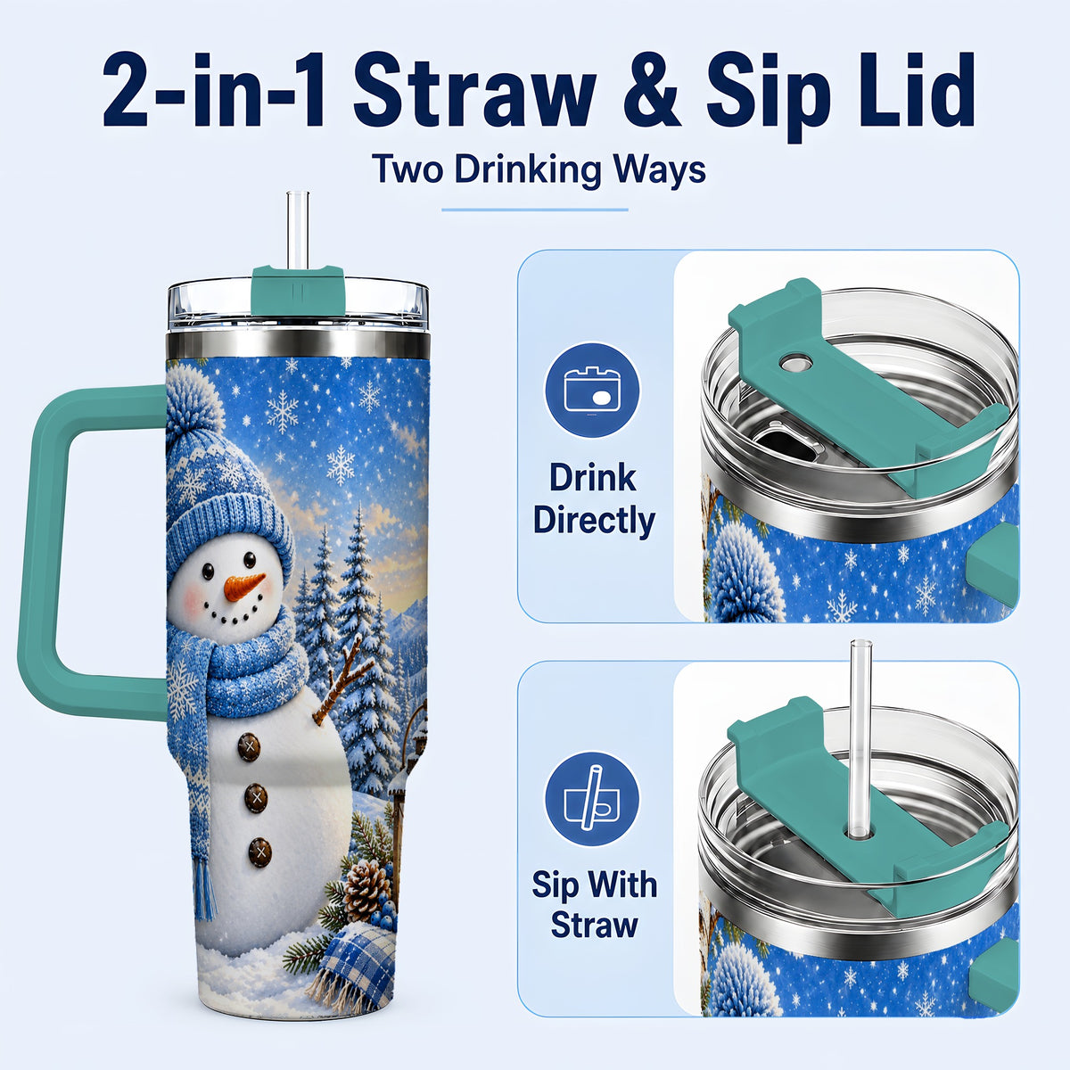 #pl[40oz|Green] Blue Snowman 40oz Tumbler with Handle, Winter Stainless Steel Travel Cup