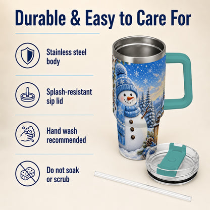 #pl[40oz|Green] Blue Snowman 40oz Tumbler with Handle, Winter Stainless Steel Travel Cup