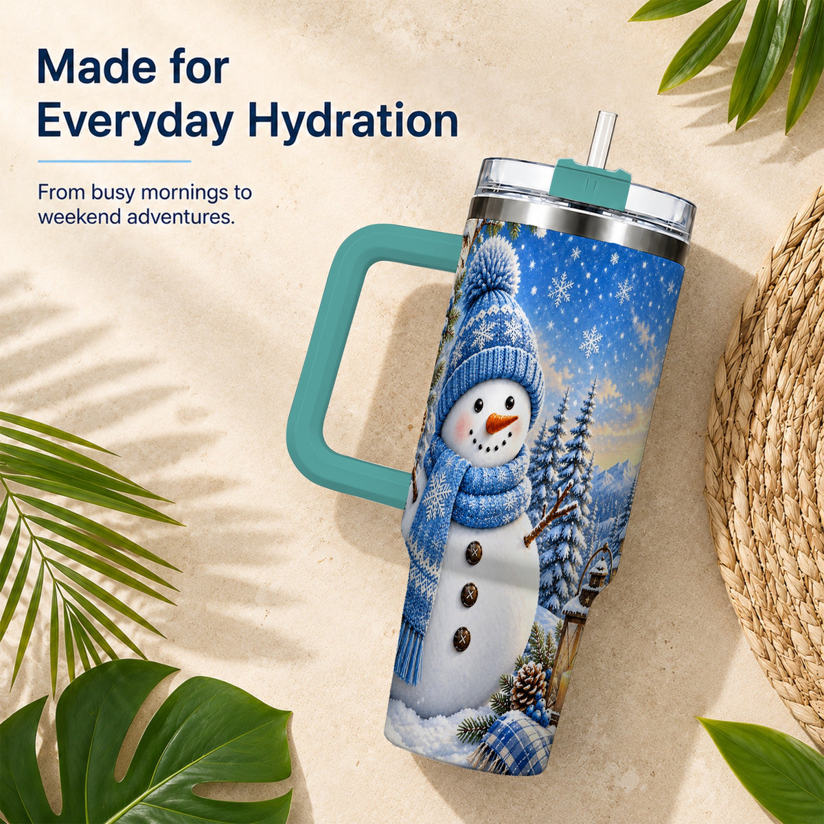 #pl[40oz|Green] Blue Snowman 40oz Tumbler with Handle, Winter Stainless Steel Travel Cup