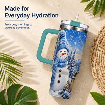 #pl[40oz|Green] Blue Snowman 40oz Tumbler with Handle, Winter Stainless Steel Travel Cup
