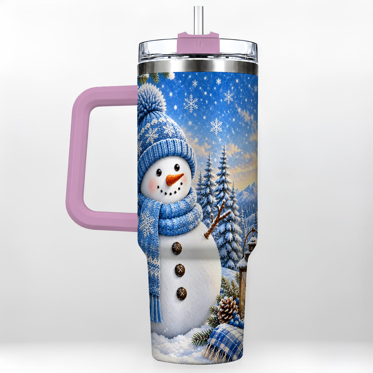 #pl[40oz|Pink] Blue Snowman 40oz Tumbler with Handle, Winter Stainless Steel Travel Cup