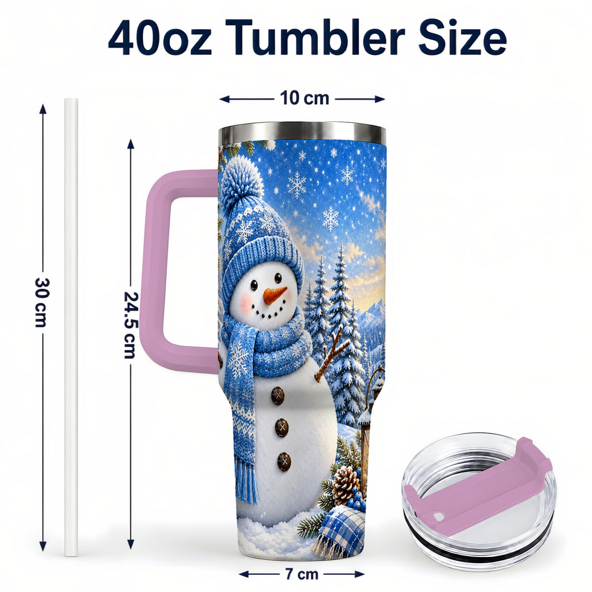 #pl[40oz|Pink] Blue Snowman 40oz Tumbler with Handle, Winter Stainless Steel Travel Cup
