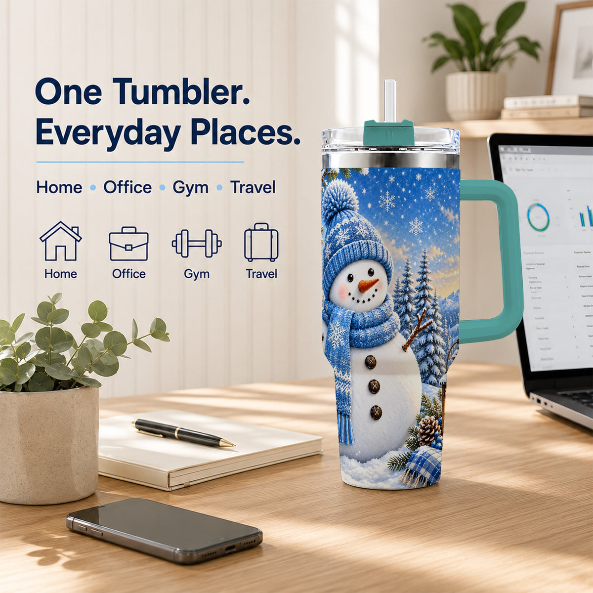 #pl[40oz|Green] Blue Snowman 40oz Tumbler with Handle, Winter Stainless Steel Travel Cup