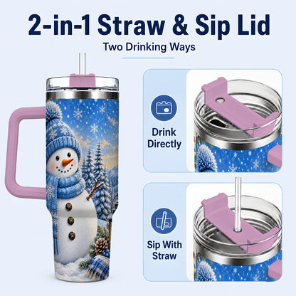 #pl[40oz|Pink] Blue Snowman 40oz Tumbler with Handle, Winter Stainless Steel Travel Cup