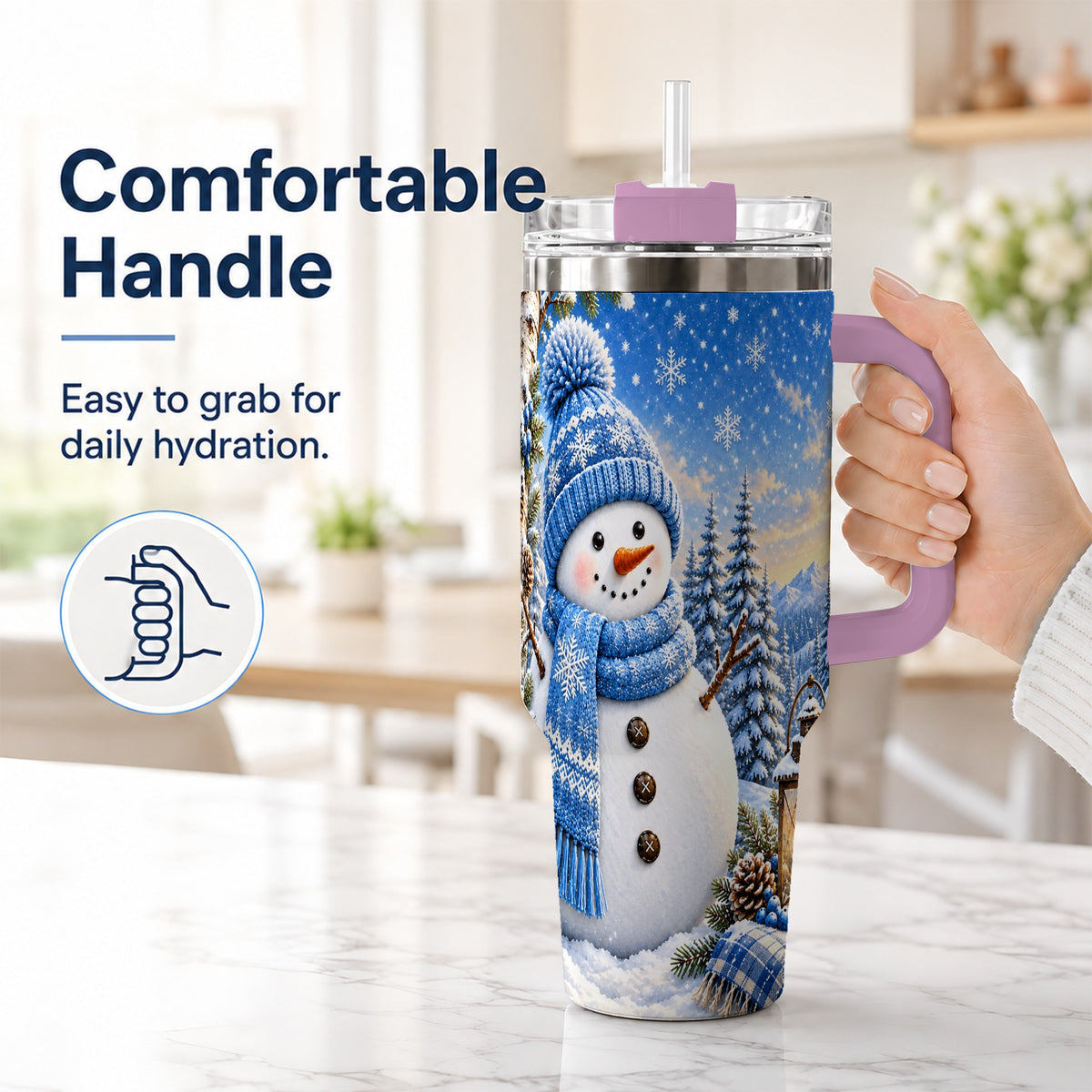 #pl[40oz|Pink] Blue Snowman 40oz Tumbler with Handle, Winter Stainless Steel Travel Cup