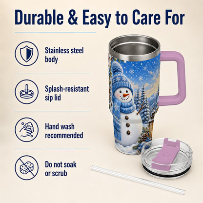 #pl[40oz|Pink] Blue Snowman 40oz Tumbler with Handle, Winter Stainless Steel Travel Cup
