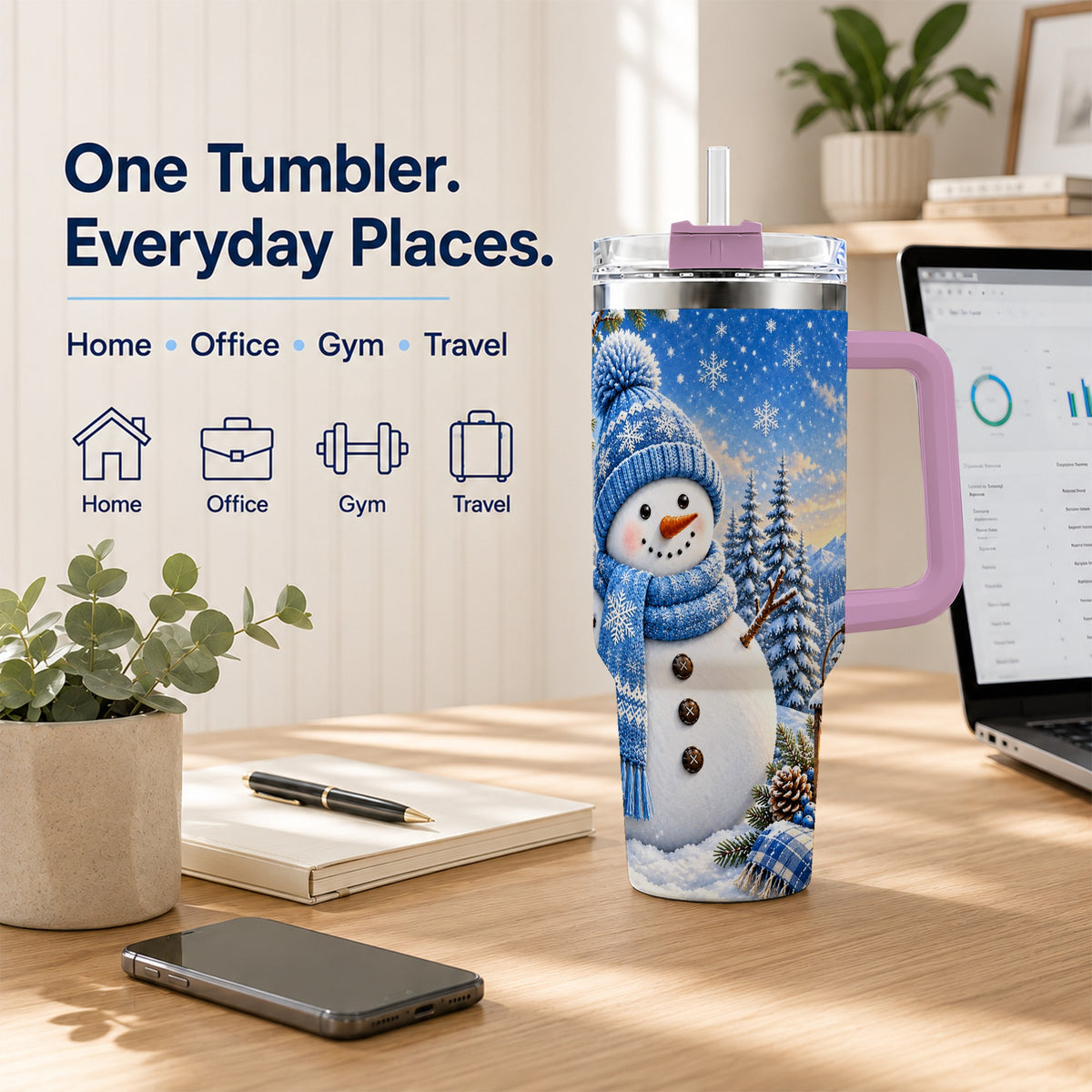 #pl[40oz|Pink] Blue Snowman 40oz Tumbler with Handle, Winter Stainless Steel Travel Cup