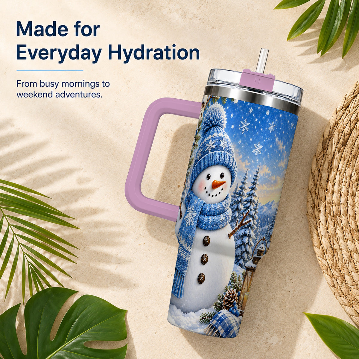 #pl[40oz|Pink] Blue Snowman 40oz Tumbler with Handle, Winter Stainless Steel Travel Cup