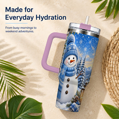#pl[40oz|Pink] Blue Snowman 40oz Tumbler with Handle, Winter Stainless Steel Travel Cup